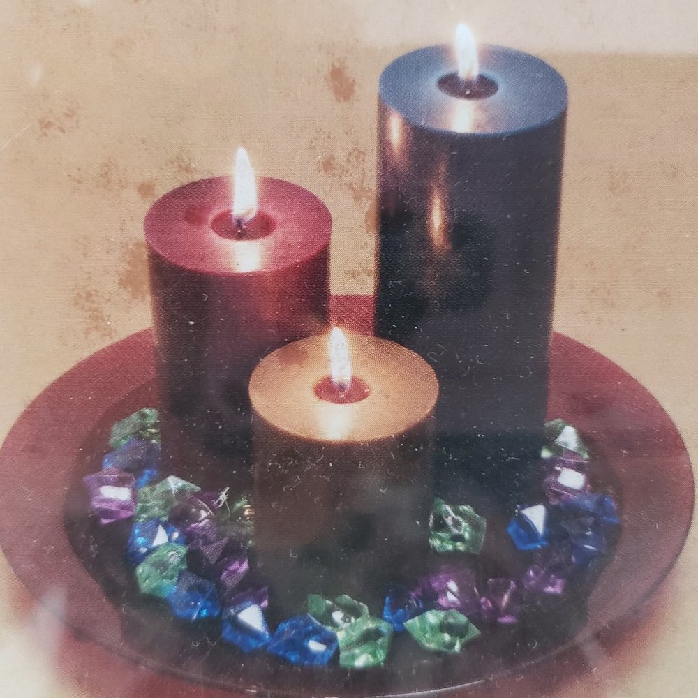 NWT- Pillar Candle Set with Glass plate and Rock Crystal- decorative